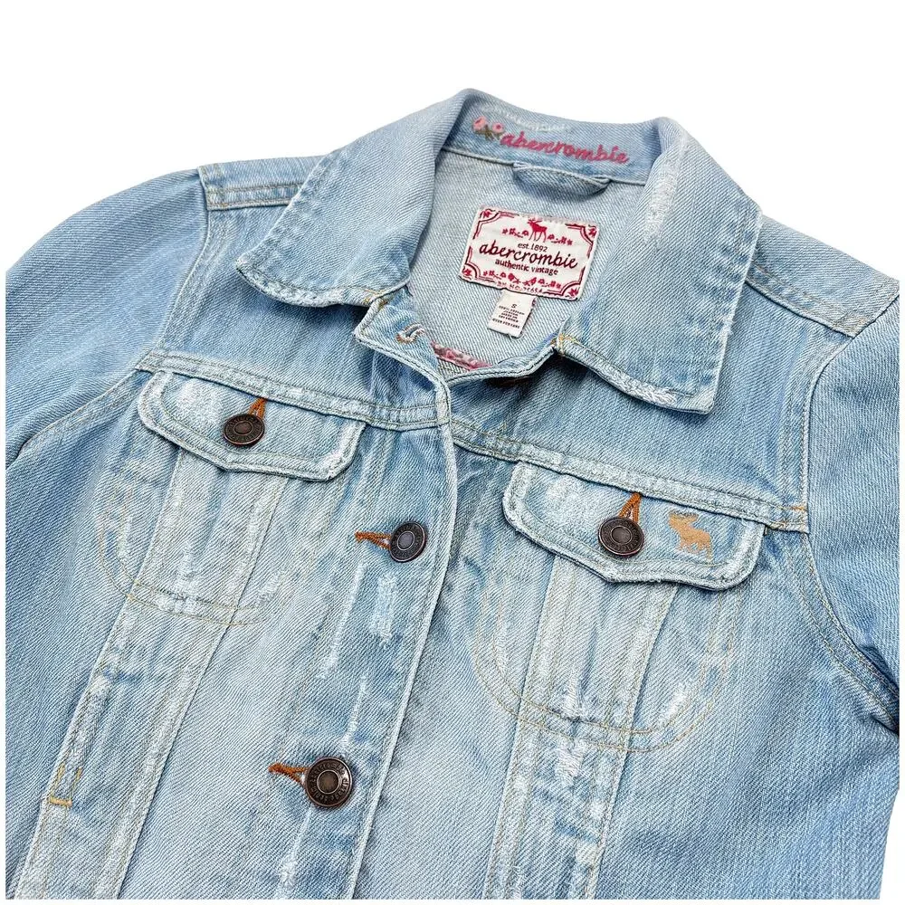 Abercrombie Kids Denim Jean Jacket Girls S Light Wash Distressed Y2K Style EUC